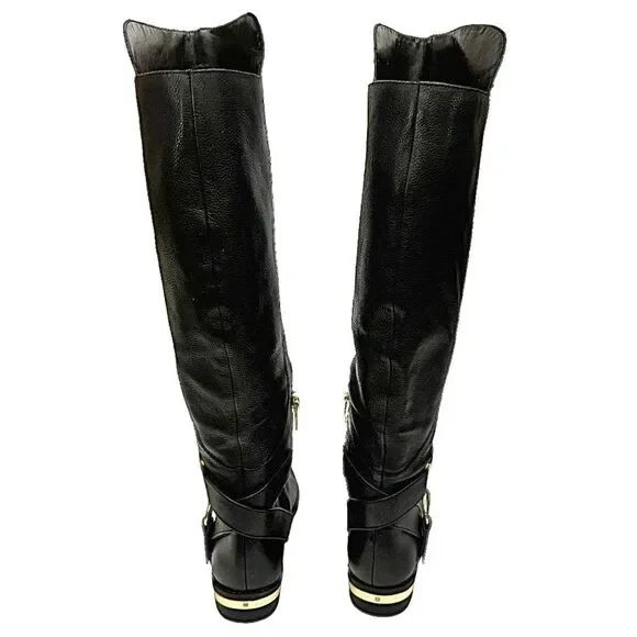 Vince Camuto Knee-High Black Leather Boots Gold Hardware Size 5M Zip - Picture 10 of 10